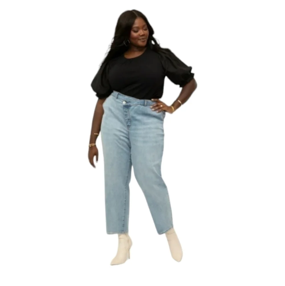 ELOQUII Baggy Straight Plus Asymmetrical Waist Ankle Denim Pants Jeans Size 14